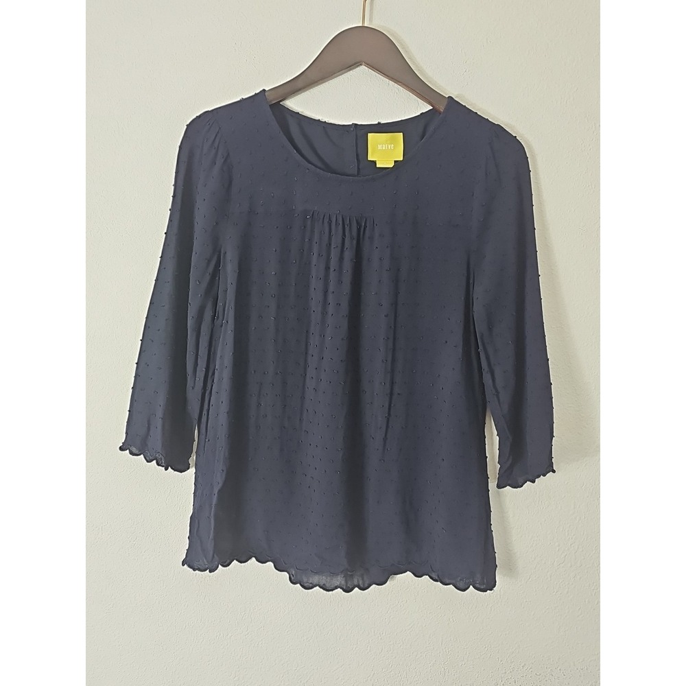 Anthropologie Maeve Navy Blue Embroidered Swiss Dot Scalloped Hem Blouse‎ Size 8